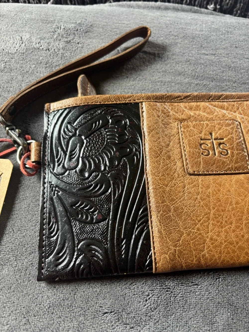 STS Ranchwear Brown and Black Tooled Leather Wristlet Clutch